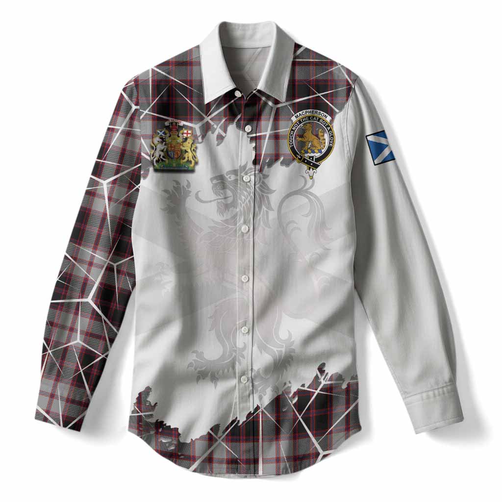 MacPherson (McPherson) Tartan Women Casual Shirt with Family Crest and Lion Rampant Grunge Style