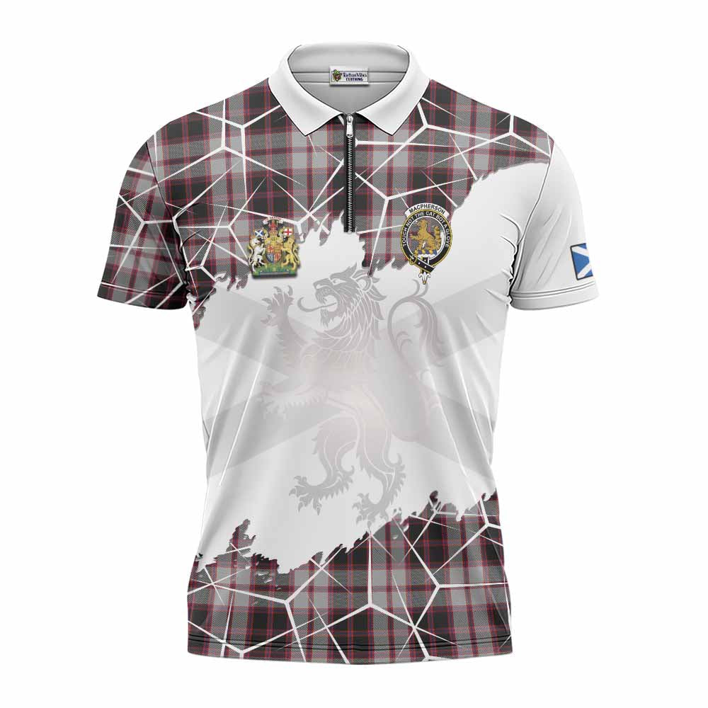 MacPherson (McPherson) Tartan Zipper Polo Shirt with Family Crest and Lion Rampant Grunge Style