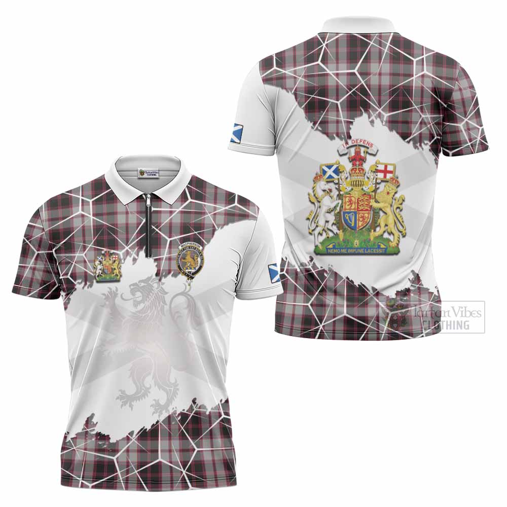 MacPherson (McPherson) Tartan Zipper Polo Shirt with Family Crest and Lion Rampant Grunge Style