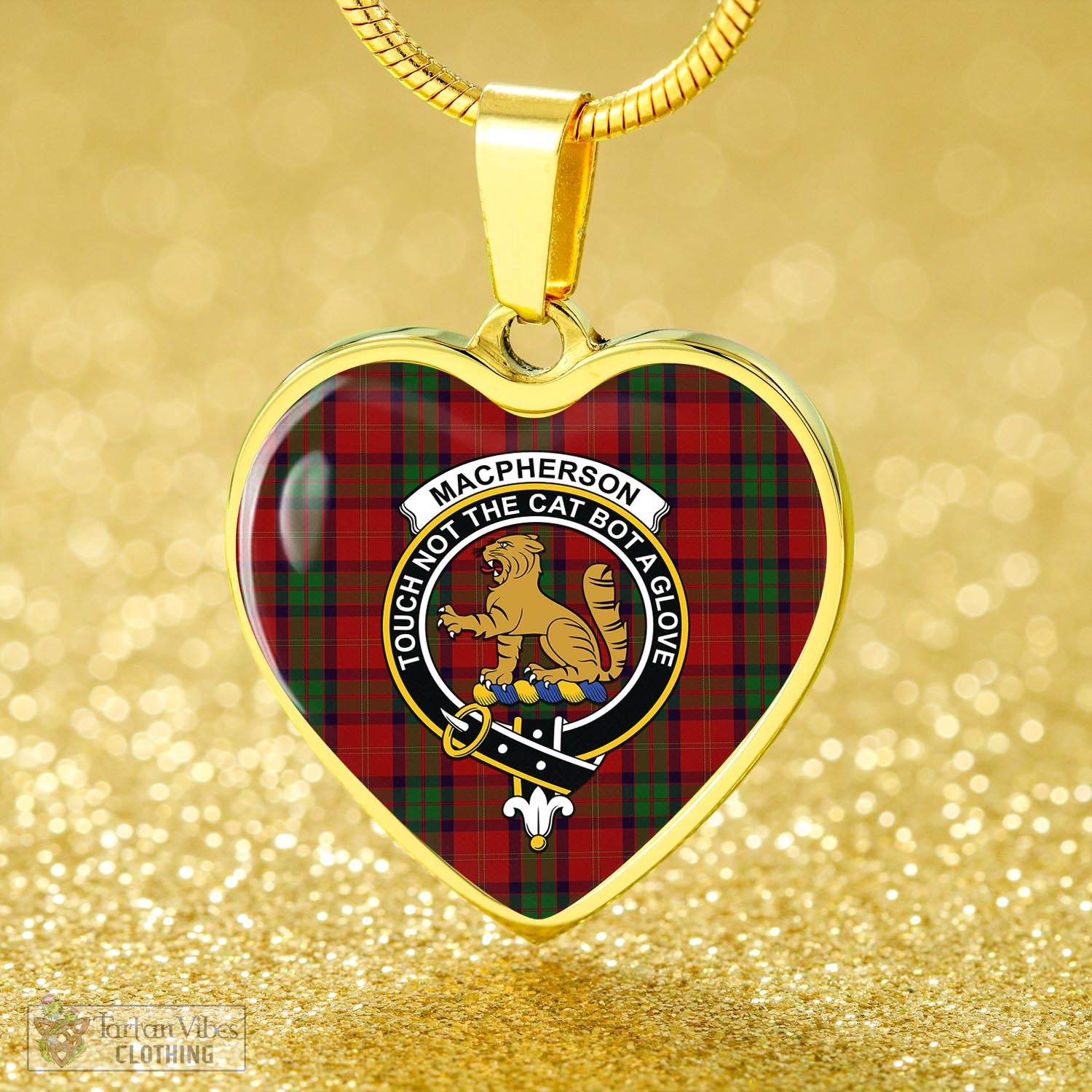 Tartan Vibes Clothing MacPherson of Cluny Tartan Heart Necklace with Family Crest