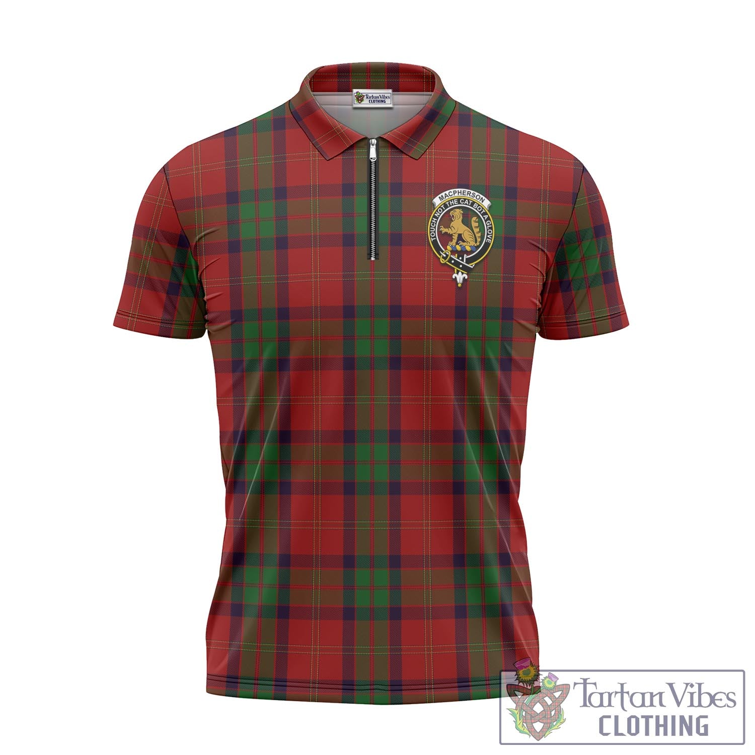 Tartan Vibes Clothing MacPherson of Cluny Tartan Zipper Polo Shirt with Family Crest