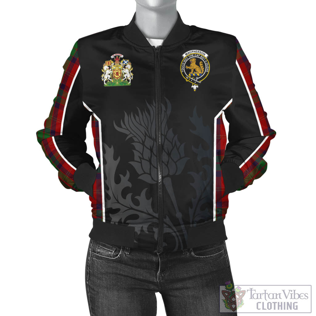 Tartan Vibes Clothing MacPherson of Cluny Tartan Bomber Jacket with Family Crest and Scottish Thistle Vibes Sport Style