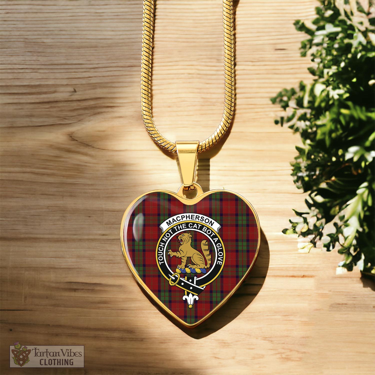 Tartan Vibes Clothing MacPherson of Cluny Tartan Heart Necklace with Family Crest
