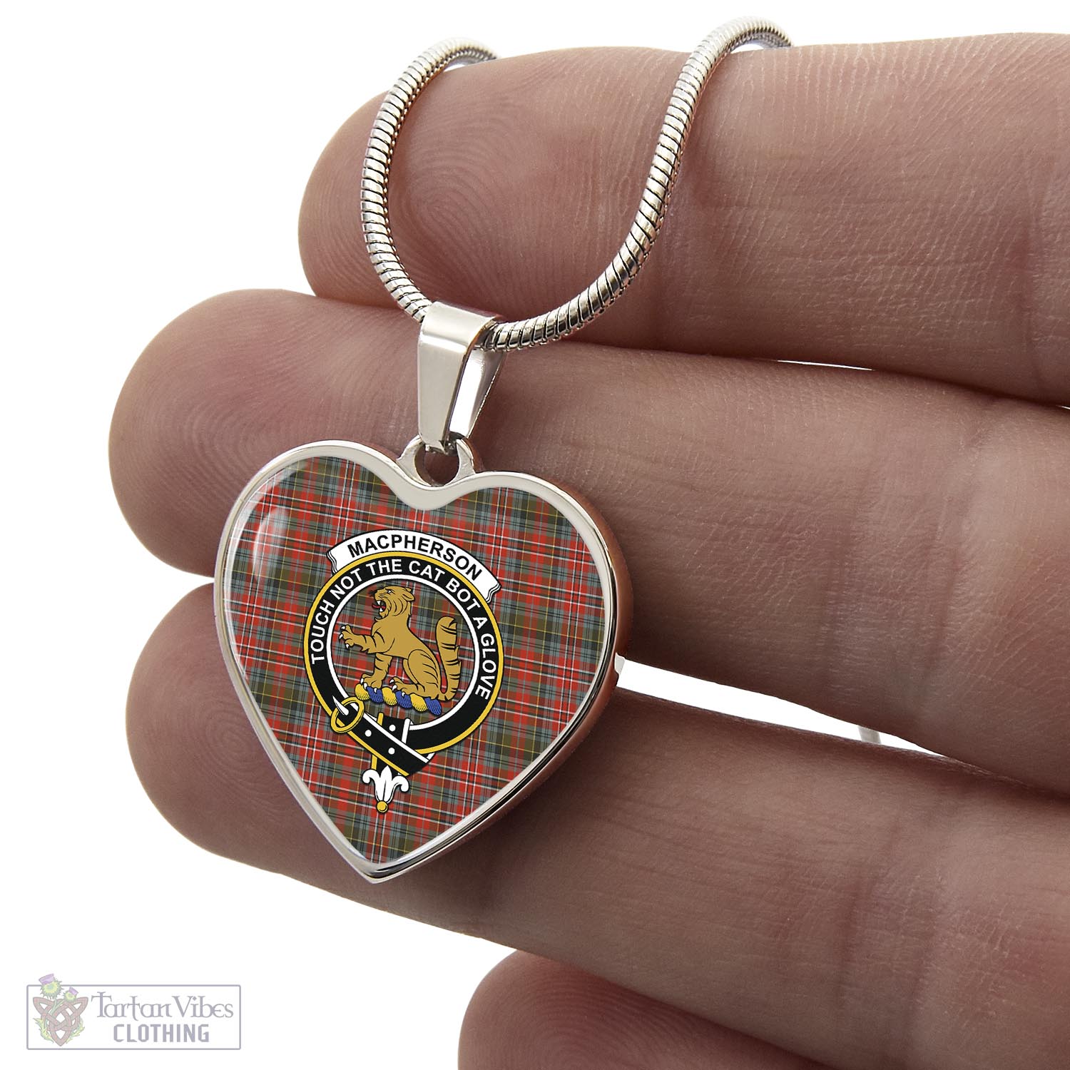 Tartan Vibes Clothing MacPherson Weathered Tartan Heart Necklace with Family Crest