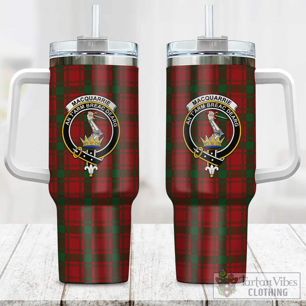 Tartan Vibes Clothing MacQuarrie Tartan and Family Crest Tumbler with Handle