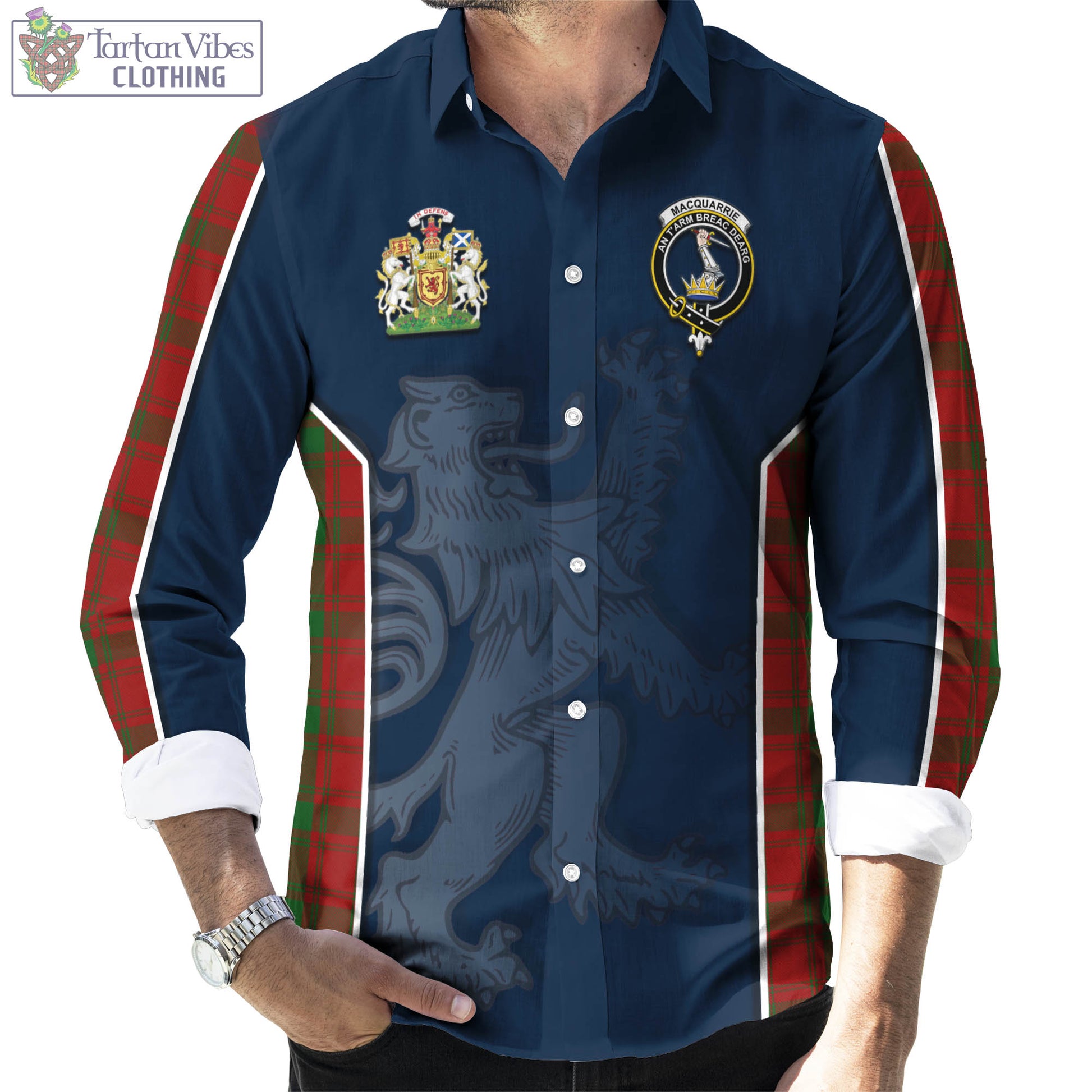 Tartan Vibes Clothing MacQuarrie Tartan Long Sleeve Button Up Shirt with Family Crest and Lion Rampant Vibes Sport Style