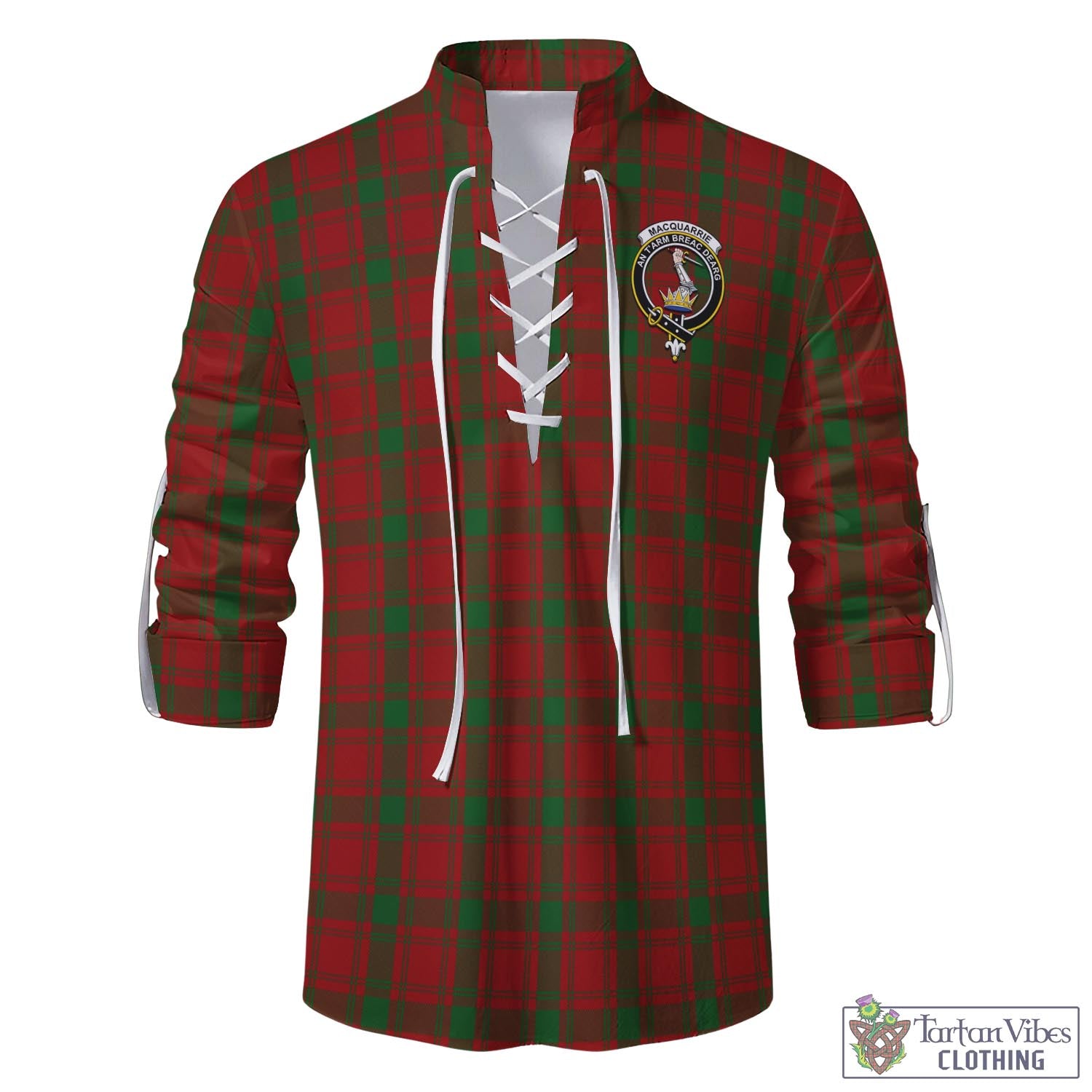 Tartan Vibes Clothing MacQuarrie Tartan Men's Scottish Traditional Jacobite Ghillie Kilt Shirt with Family Crest