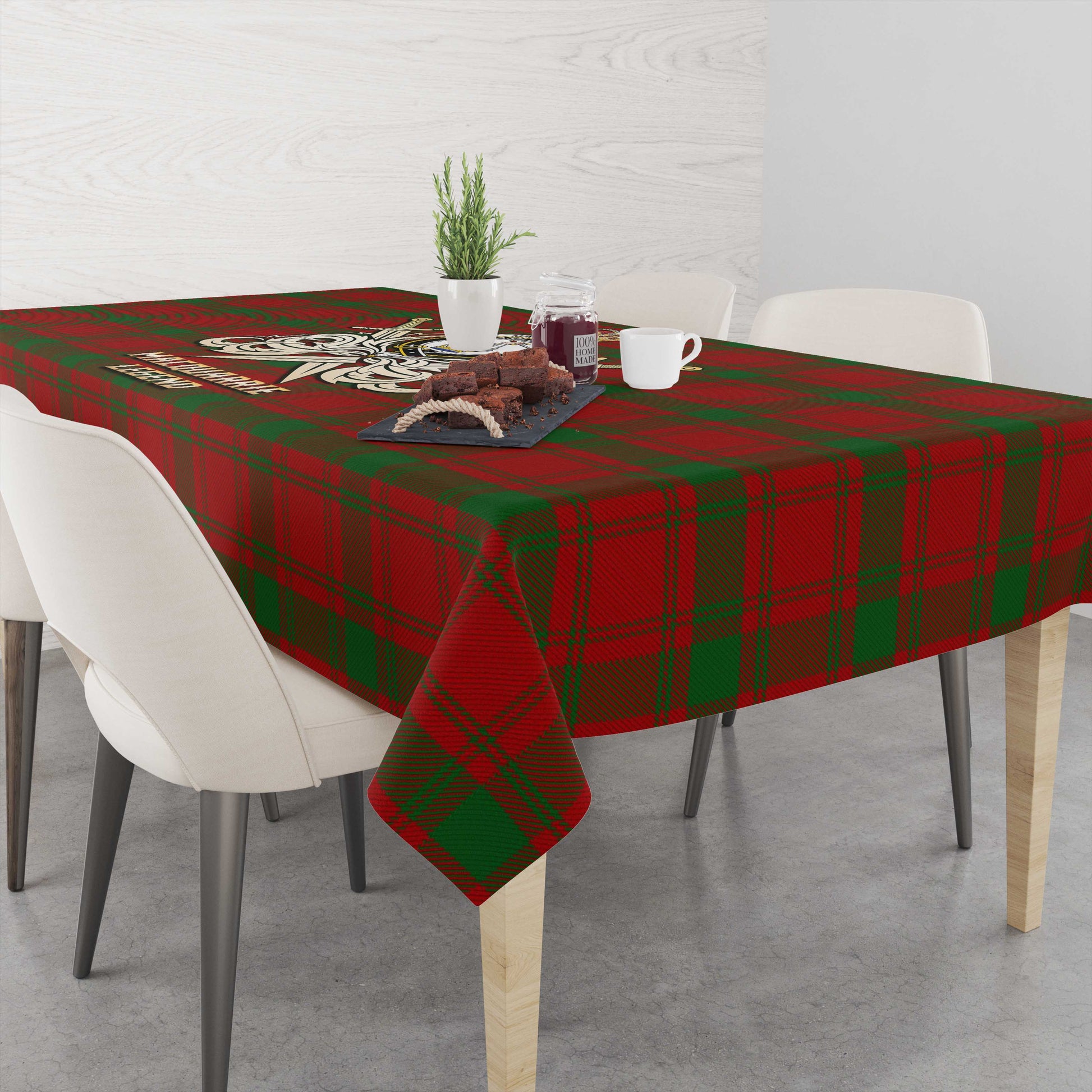Tartan Vibes Clothing MacQuarrie Tartan Tablecloth with Clan Crest and the Golden Sword of Courageous Legacy