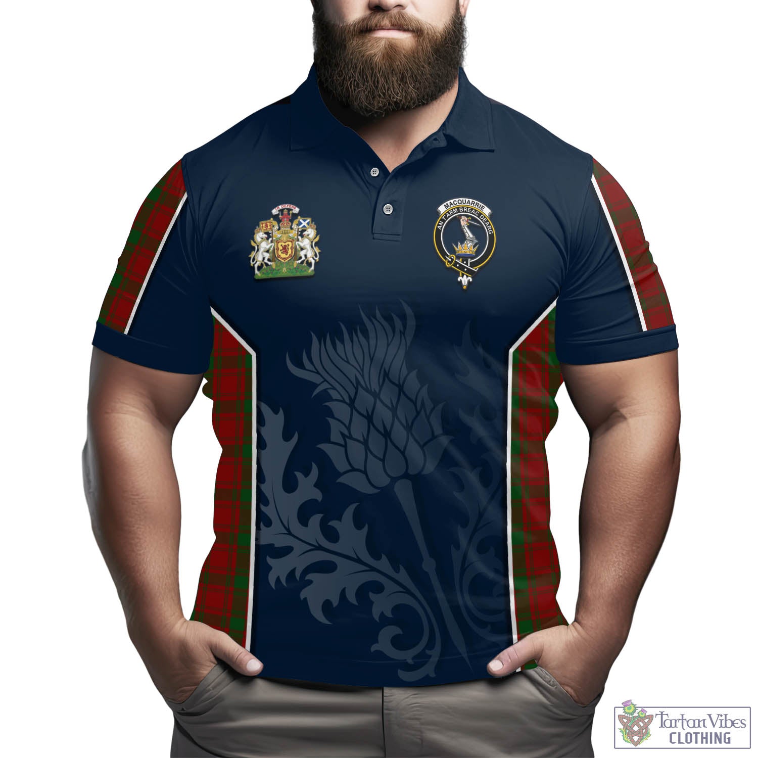 Tartan Vibes Clothing MacQuarrie Tartan Men's Polo Shirt with Family Crest and Scottish Thistle Vibes Sport Style