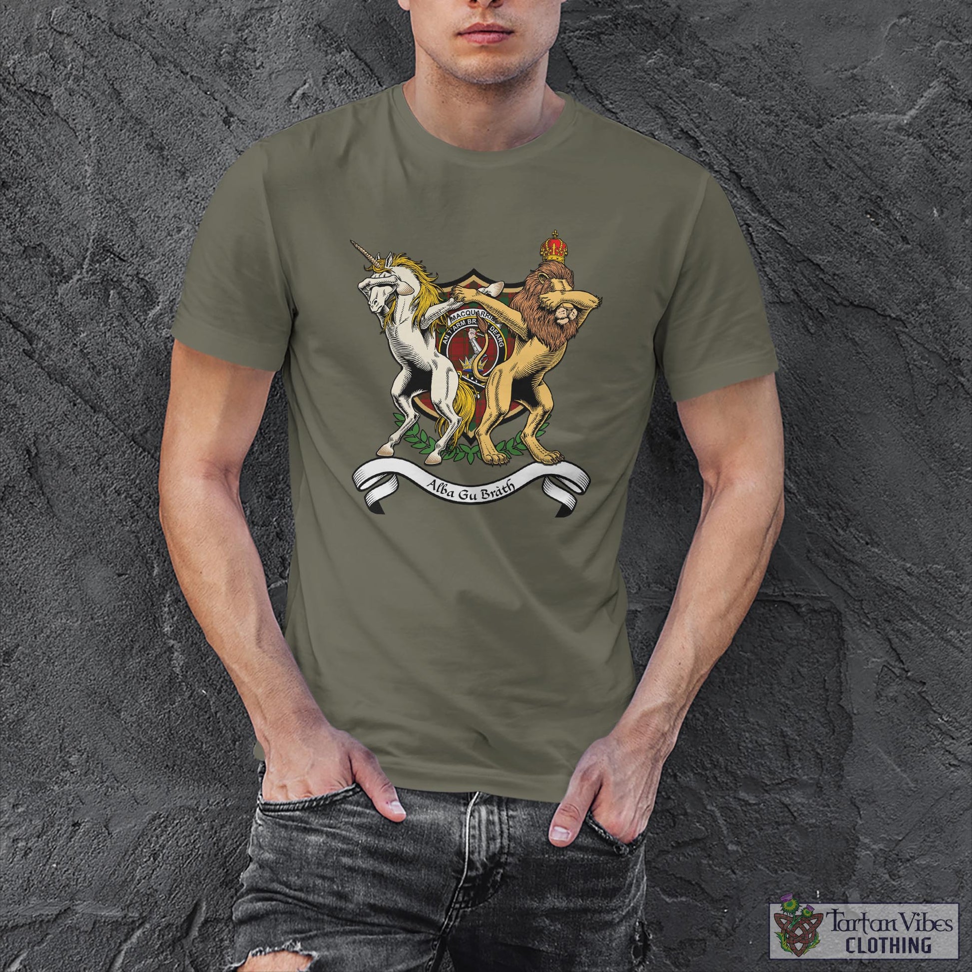 Tartan Vibes Clothing MacQuarrie Family Crest Cotton Men's T-Shirt with Scotland Royal Coat Of Arm Funny Style