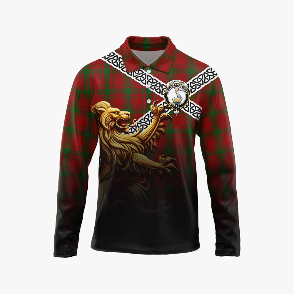 Tartan Vibes Clothing MacQuarrie (McQuarrie) Crest Tartan Long Sleeve Polo Shirt with Golden Lion Emblem Celtic Style