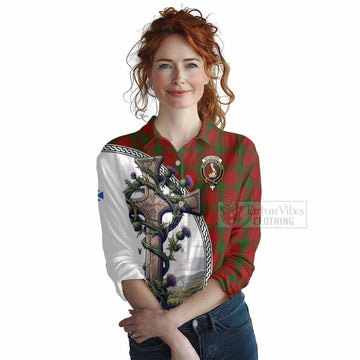 MacQuarrie (McQuarrie) Tartan Women's Casual Shirt with Family Crest and St. Andrew's Cross Accented by Thistle Vines
