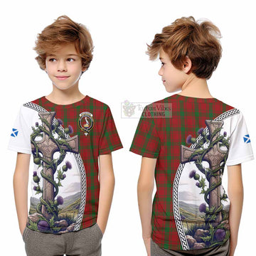 Tartan Vibes Clothing MacQuarrie (McQuarrie) Tartan Kid T-Shirt with Family Crest and St. Andrew's Cross Accented by Thistle Vines