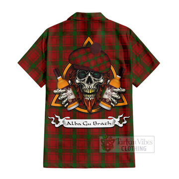 Tartan Vibes Clothing MacQuarrie (McQuarrie) Tartan Short Sleeve Button Shirt with Family Crest and Bearded Skull Holding Bottles of Whiskey