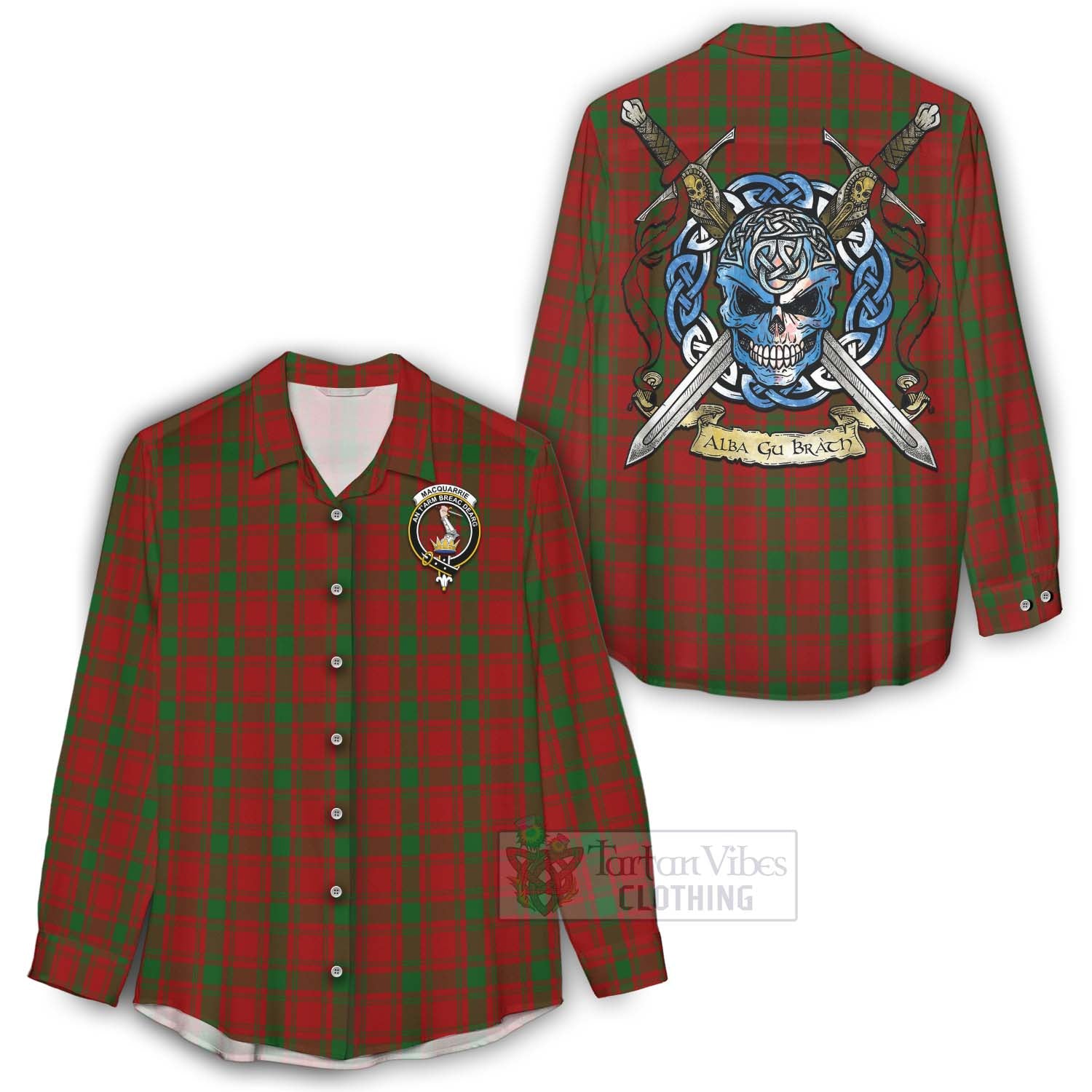 Tartan Vibes Clothing MacQuarrie (McQuarrie) Tartan Women's Casual Shirt with Family Crest Celtic Skull Style
