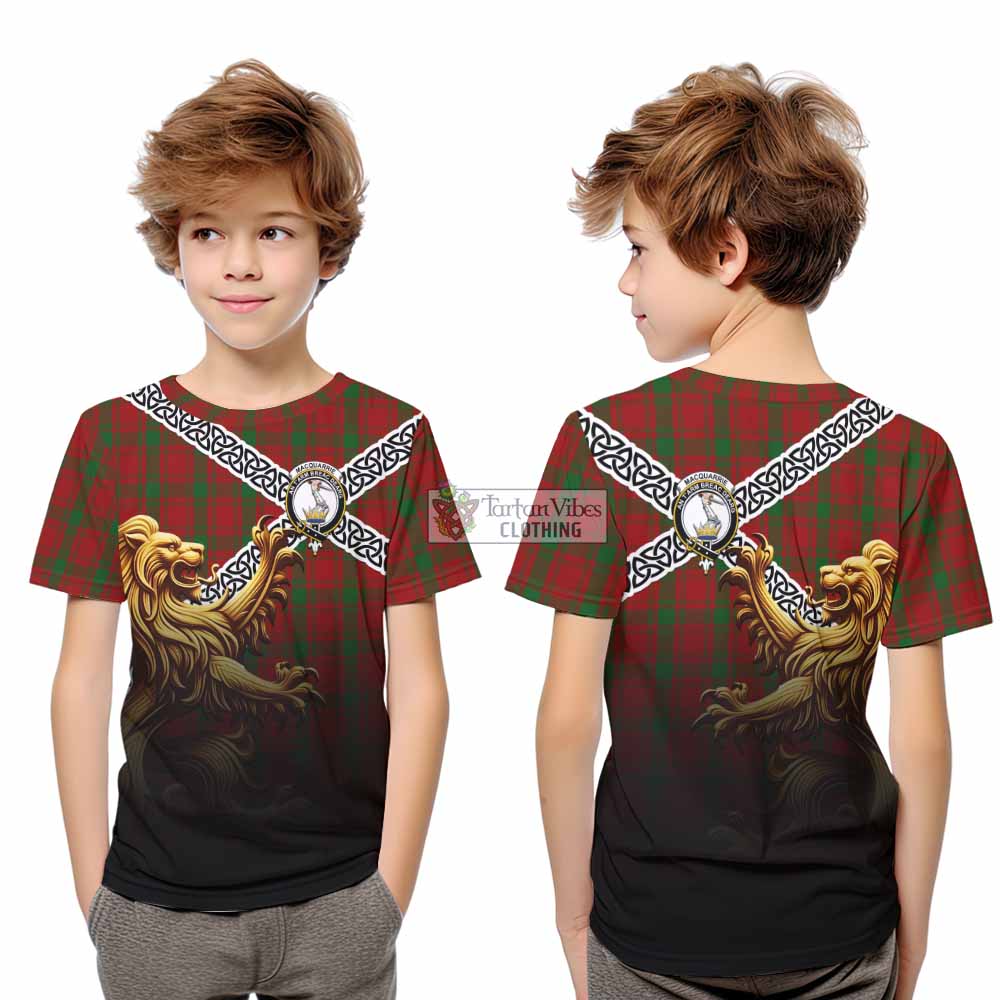 Tartan Vibes Clothing MacQuarrie (McQuarrie) Crest Tartan Kid T-Shirt with Golden Lion Emblem Celtic Style