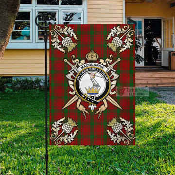 MacQuarrie (McQuarrie) Tartan Garden Flag with Family Crest and Golden Thistle Crossed Sword Design