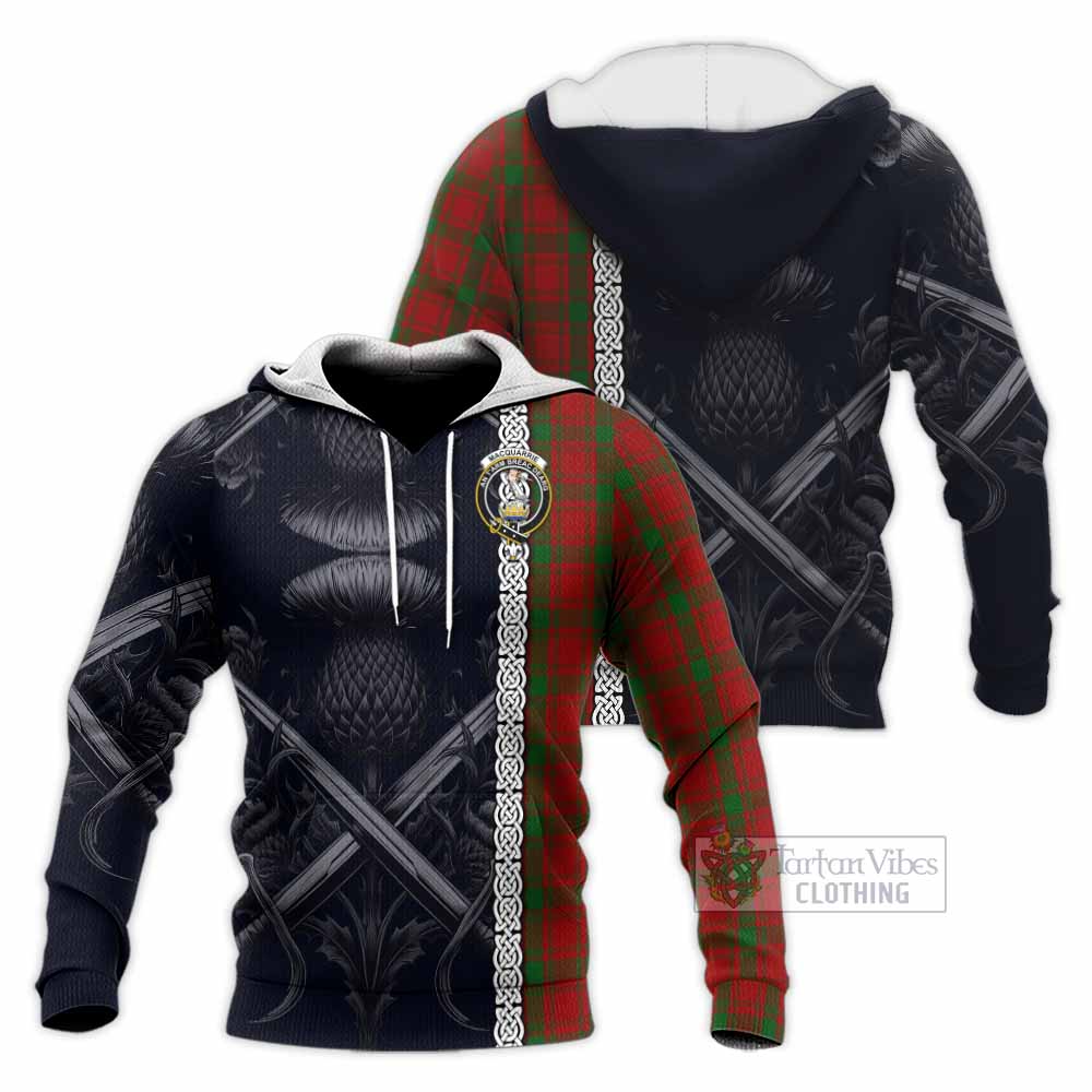 Tartan Vibes Clothing MacQuarrie (McQuarrie) Tartan Knitted Hoodie with Family Crest Cross Sword Thistle Celtic Vibes