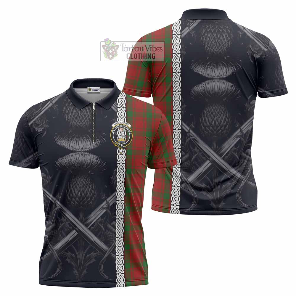 Tartan Vibes Clothing MacQuarrie (McQuarrie) Tartan Zipper Polo Shirt with Family Crest Cross Sword Thistle Celtic Vibes