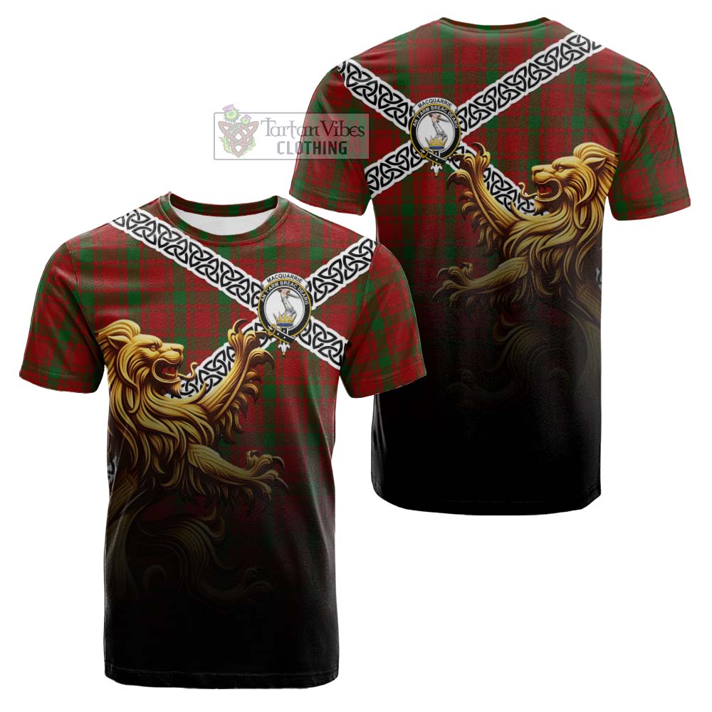 Tartan Vibes Clothing MacQuarrie (McQuarrie) Crest Tartan Cotton T-shirt with Golden Lion Emblem Celtic Style
