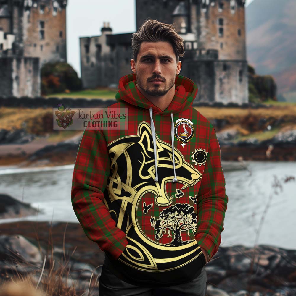 Tartan Vibes Clothing MacQuarrie (McQuarrie) Tartan Cotton Hoodie with Family Crest Celtic Wolf Style