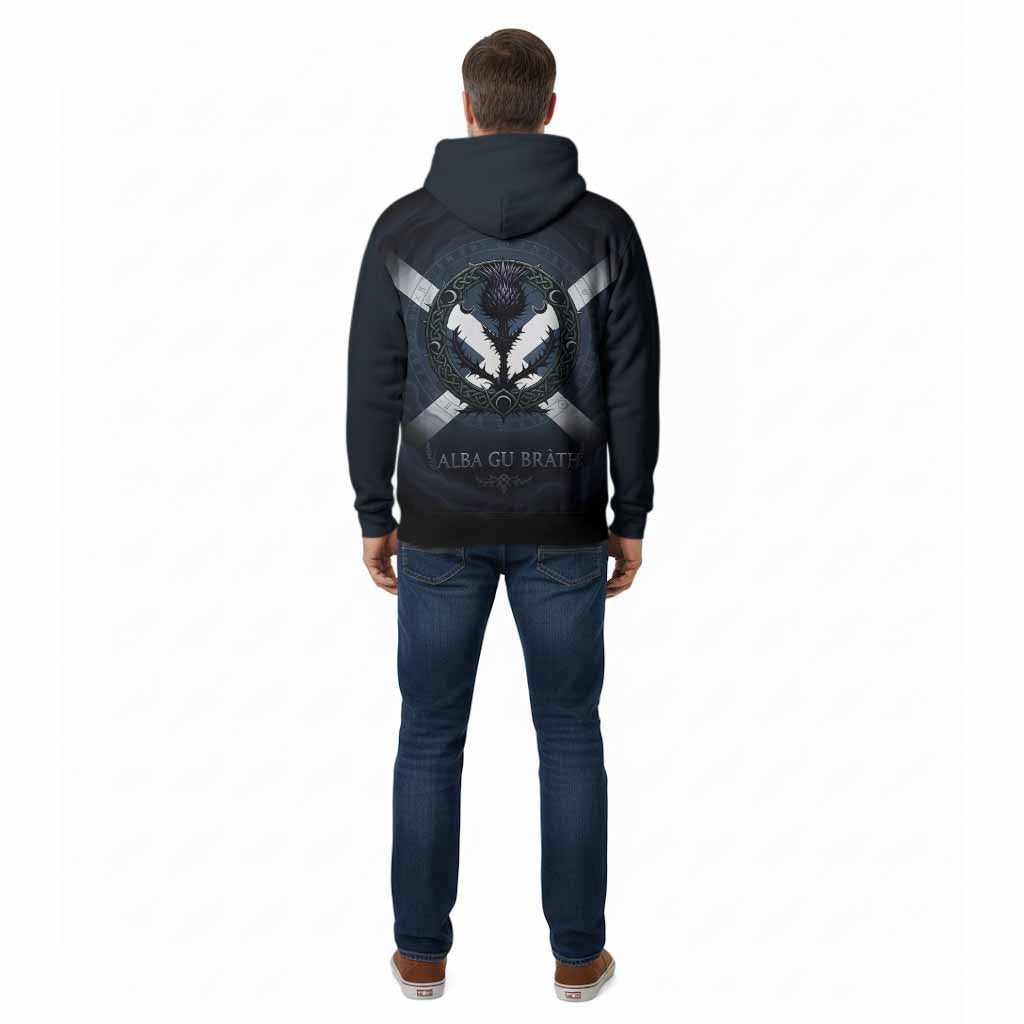MacQuarrie (McQuarrie) Clan Crest Cotton Hoodie with Celtic Knot Thistle and Saltire