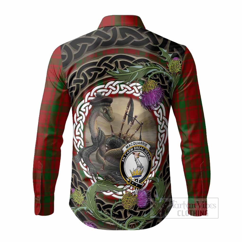 MacQuarrie (McQuarrie) Tartan Crest Bagpipe Nessie Long Sleeve Button Shirts Scottish Loch Ness Monster Celtic Thistle