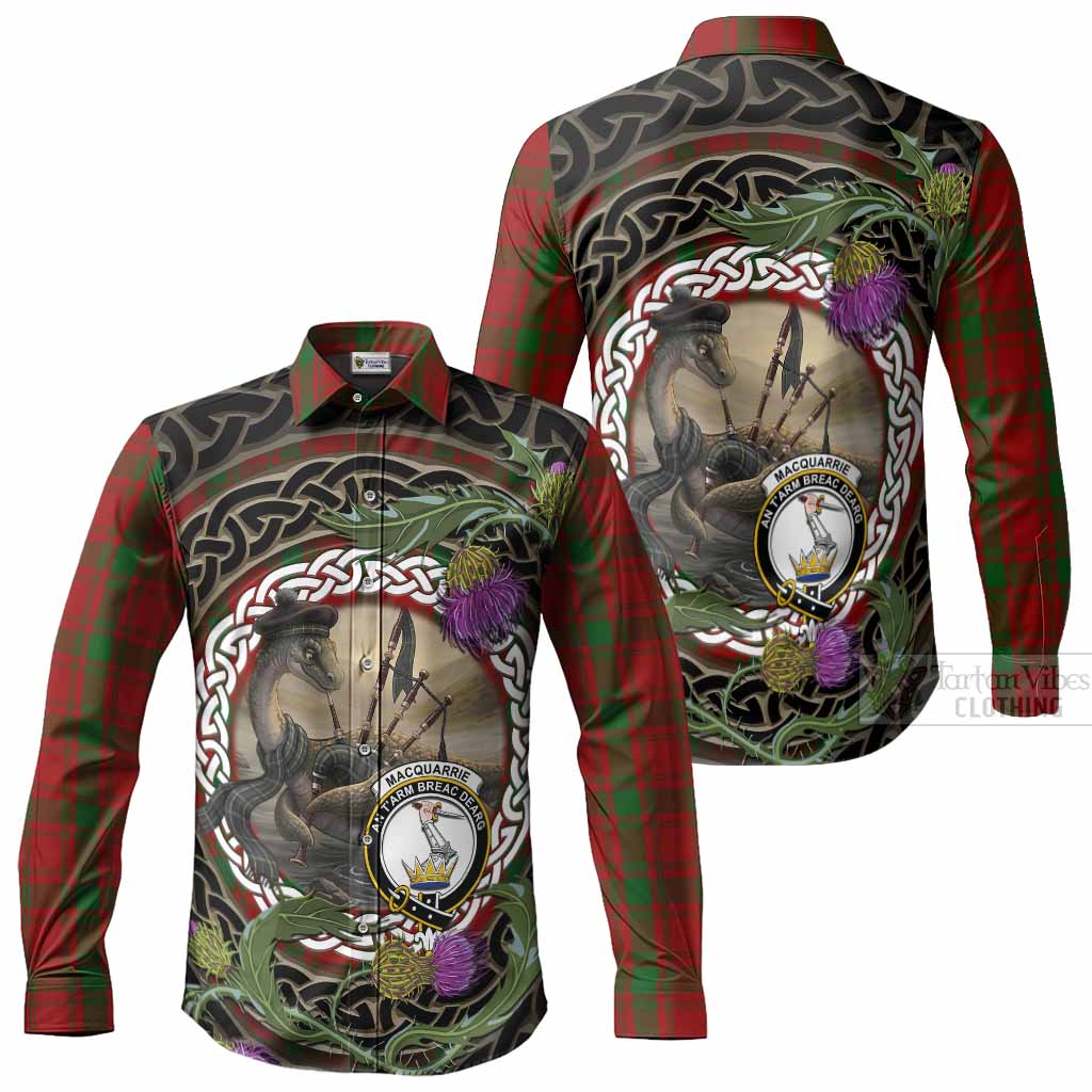 MacQuarrie (McQuarrie) Tartan Crest Bagpipe Nessie Long Sleeve Button Shirts Scottish Loch Ness Monster Celtic Thistle