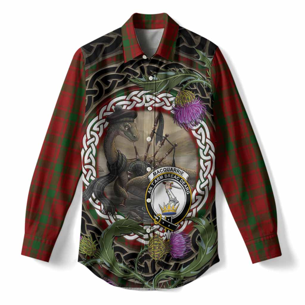MacQuarrie (McQuarrie) Tartan Crest Bagpipe Nessie Women Casual Shirt Scottish Loch Ness Monster Celtic Thistle