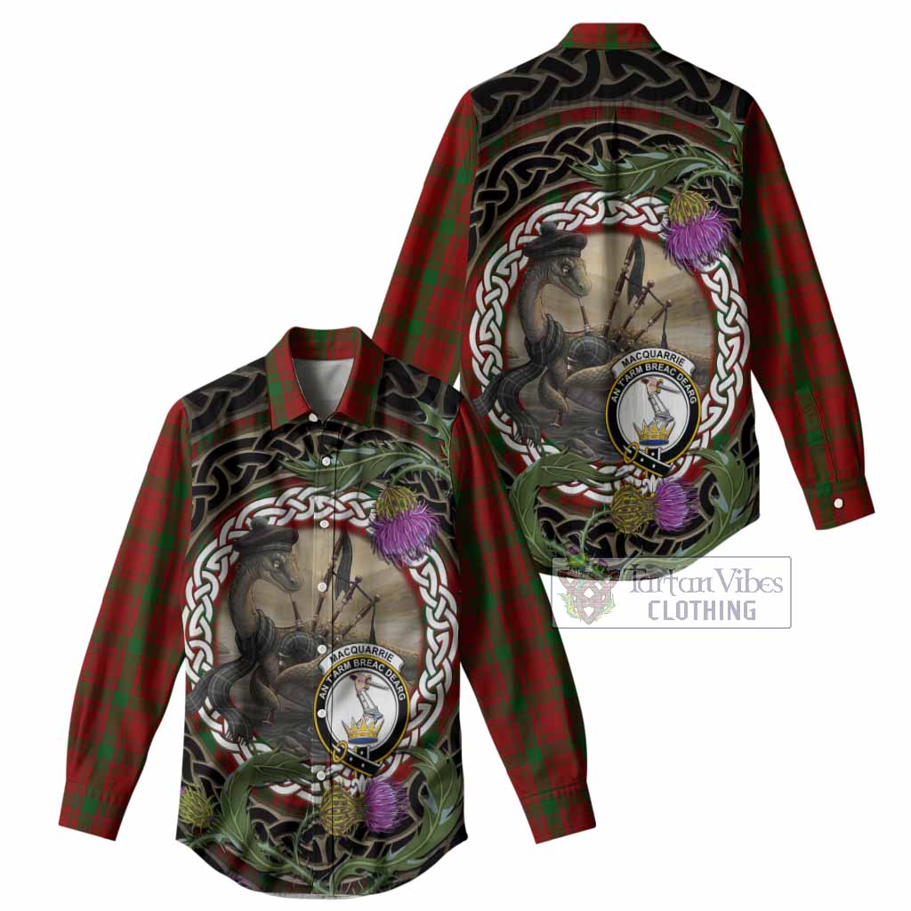 MacQuarrie (McQuarrie) Tartan Crest Bagpipe Nessie Women Casual Shirt Scottish Loch Ness Monster Celtic Thistle