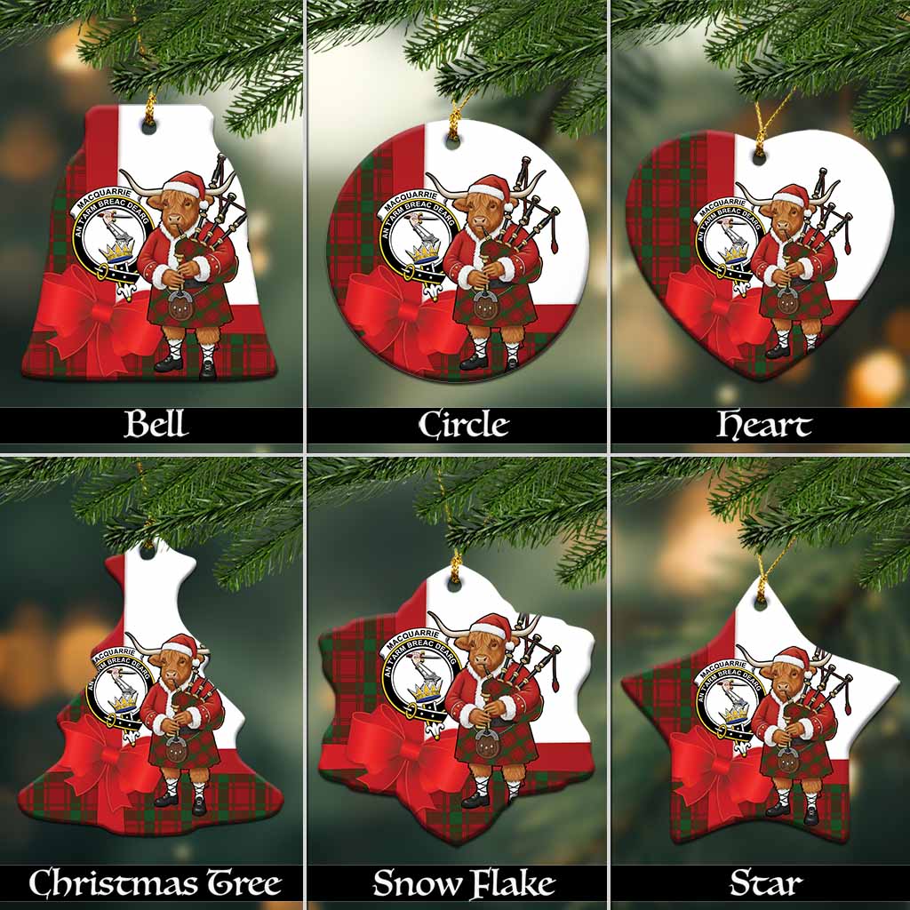 MacQuarrie (McQuarrie) Tartan Crest Christmas Ceramic Ornament Highland Cow Bagpipes Coquette Bow Style