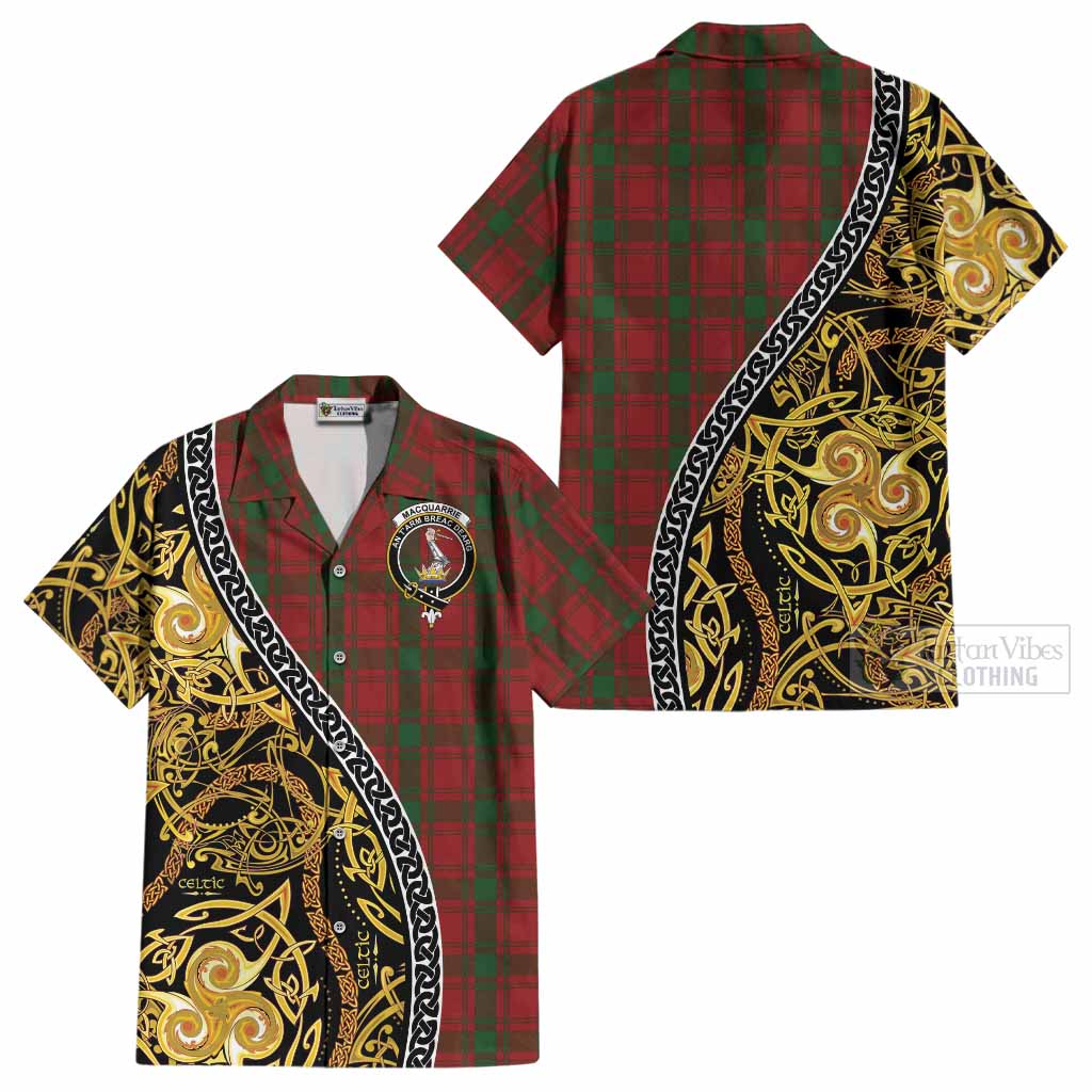 MacQuarrie (McQuarrie) Tartan Crest Cotton Hawaiian Shirt Celtic Knot and Triple Trickle Spiral Symbols