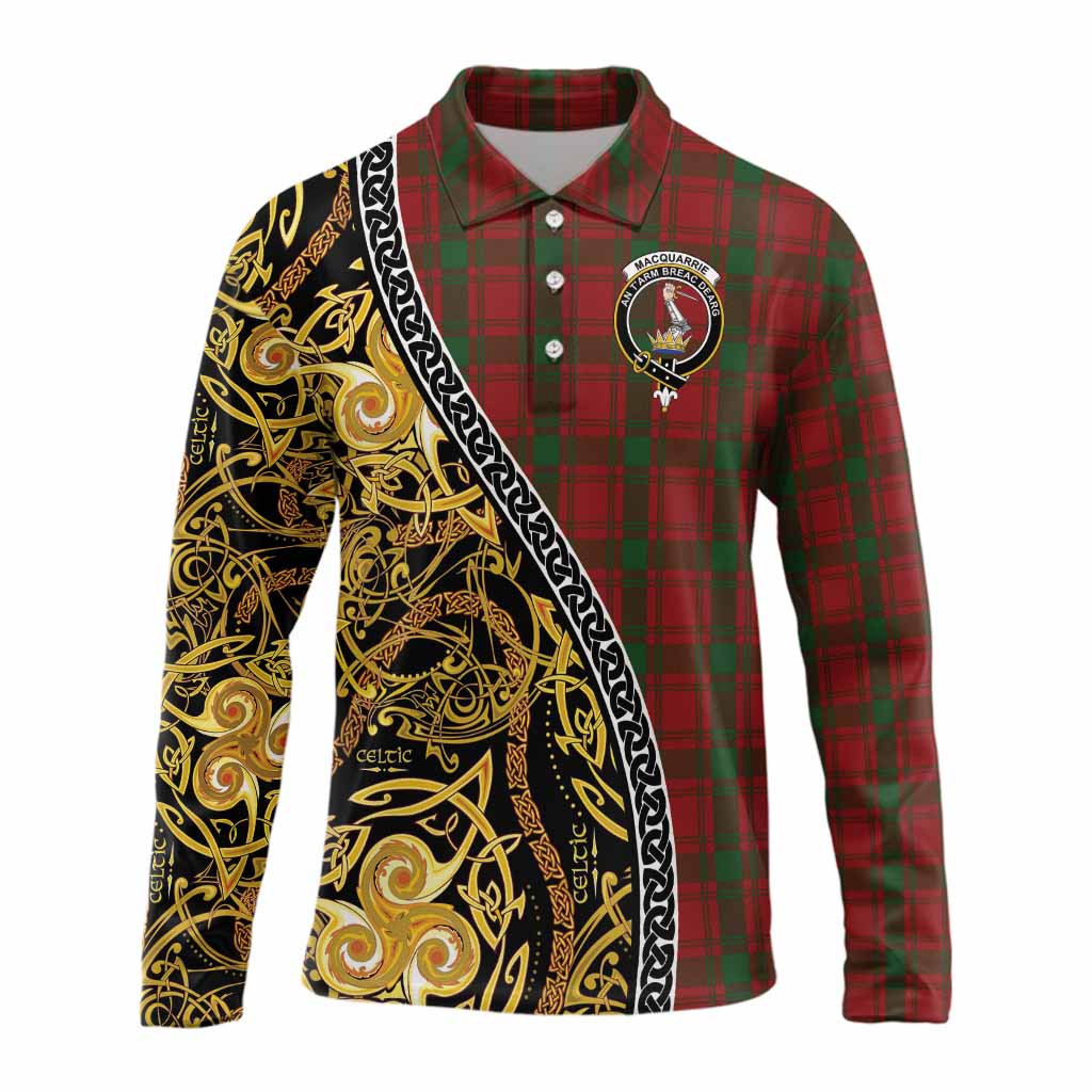 MacQuarrie (McQuarrie) Tartan Crest Long Sleeve Polo Shirt Celtic Knot and Triple Trickle Spiral Symbols