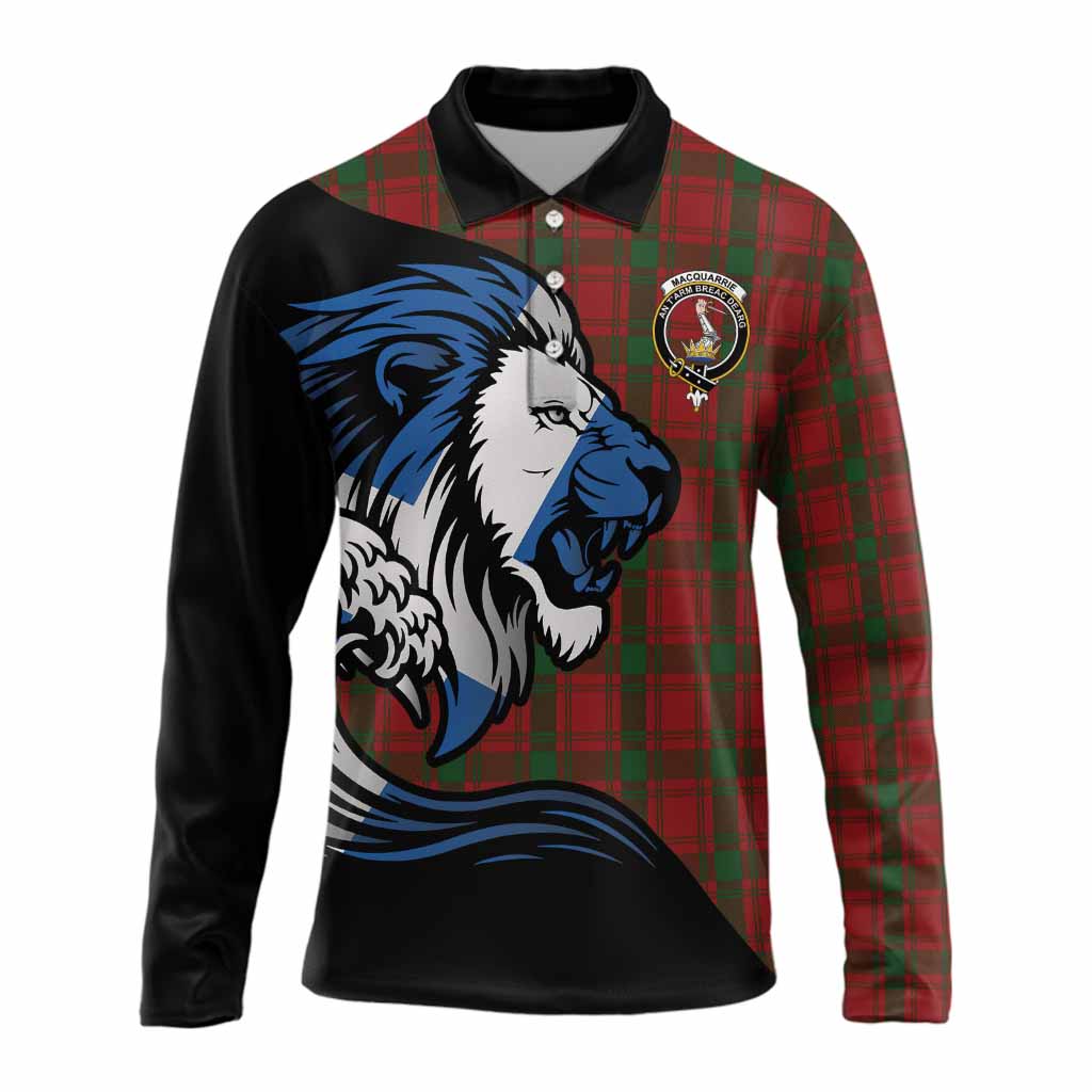 MacQuarrie (McQuarrie) Tartan Crest Long Sleeve Polo Shirt Scottish Golden Lions Wave Flow