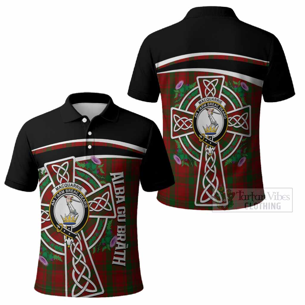 MacQuarrie (McQuarrie) Tartan Crest Polo Shirt Scottish Thistle Celtic Cross Alba Gu Brath
