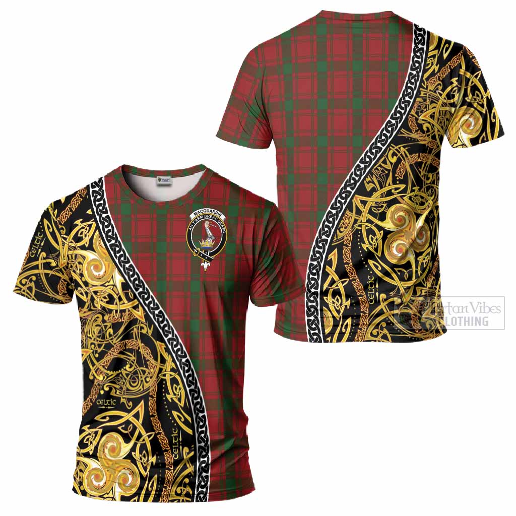 MacQuarrie (McQuarrie) Tartan Crest T-Shirt Celtic Knot and Triple Trickle Spiral Symbols