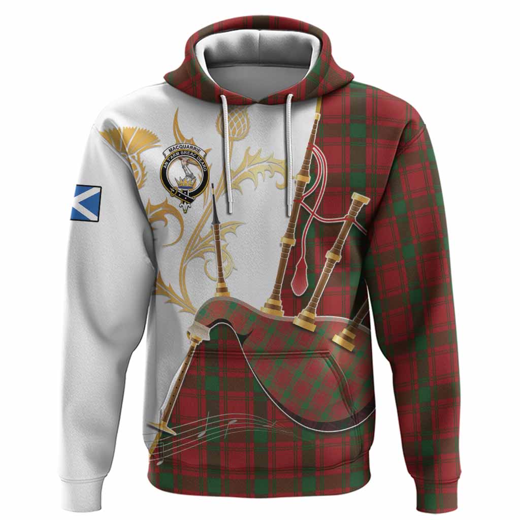 MacQuarrie (McQuarrie) Tartan Family Crest Hoodie Bagpipes with Scottish Thistle
