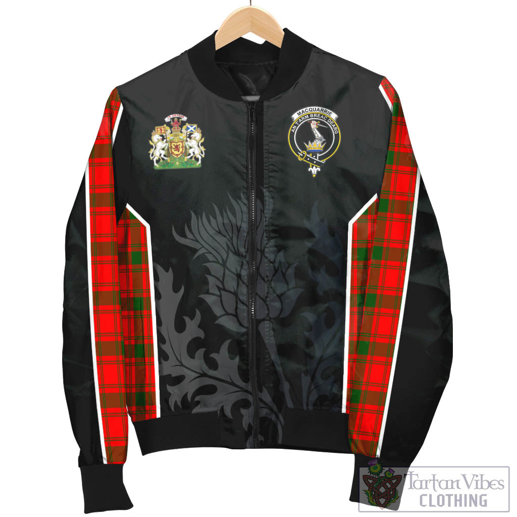 Tartan Vibes Clothing MacQuarrie Modern Tartan Bomber Jacket with Family Crest and Scottish Thistle Vibes Sport Style