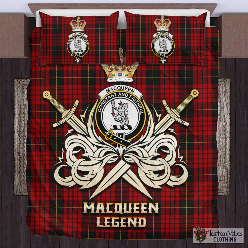 Tartan Vibes Clothing MacQueen Tartan Bedding Set with Clan Crest and the Golden Sword of Courageous Legacy