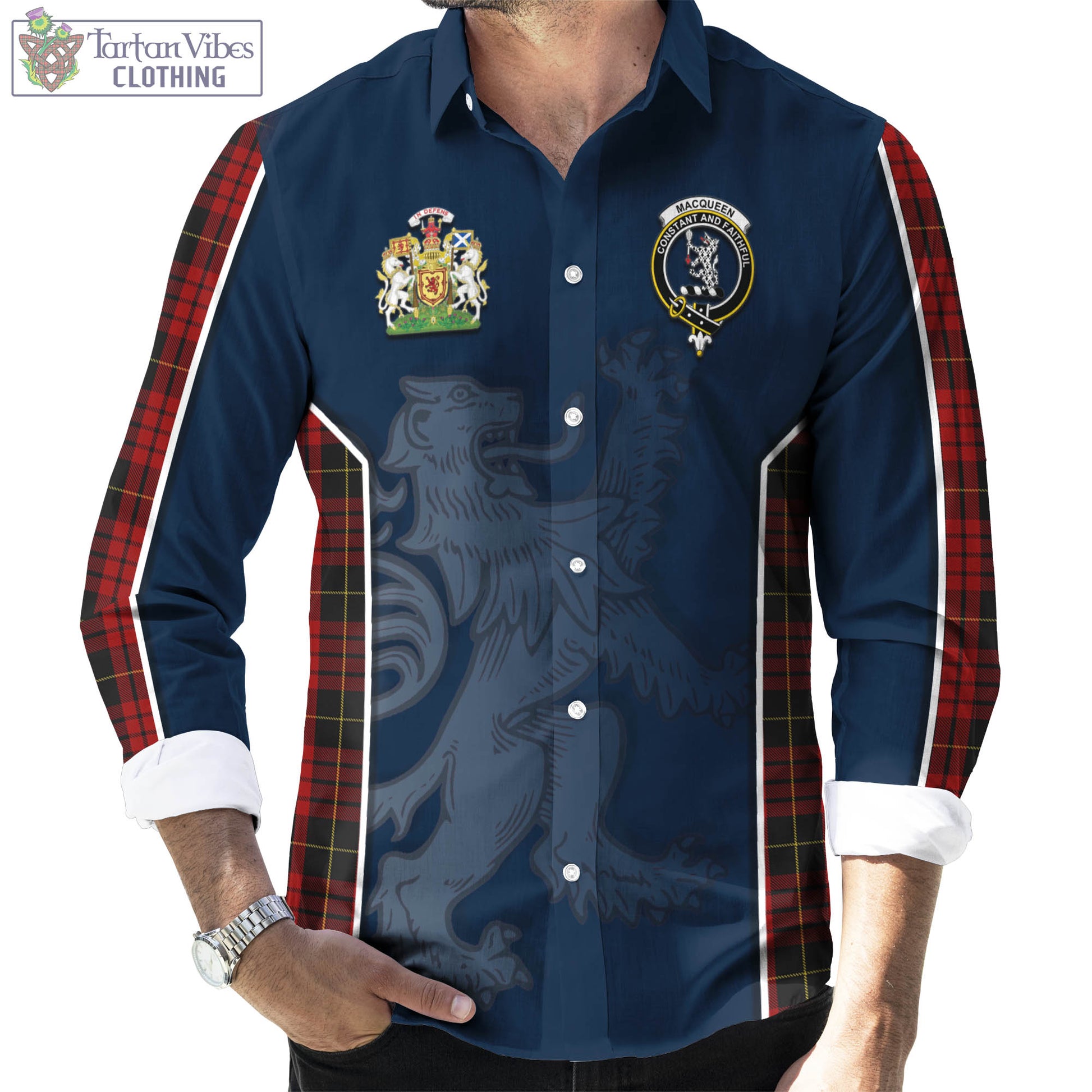 Tartan Vibes Clothing MacQueen Tartan Long Sleeve Button Up Shirt with Family Crest and Lion Rampant Vibes Sport Style