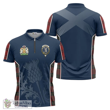 MacQueen Tartan Zipper Polo Shirt with Family Crest and Scottish Thistle Vibes Sport Style
