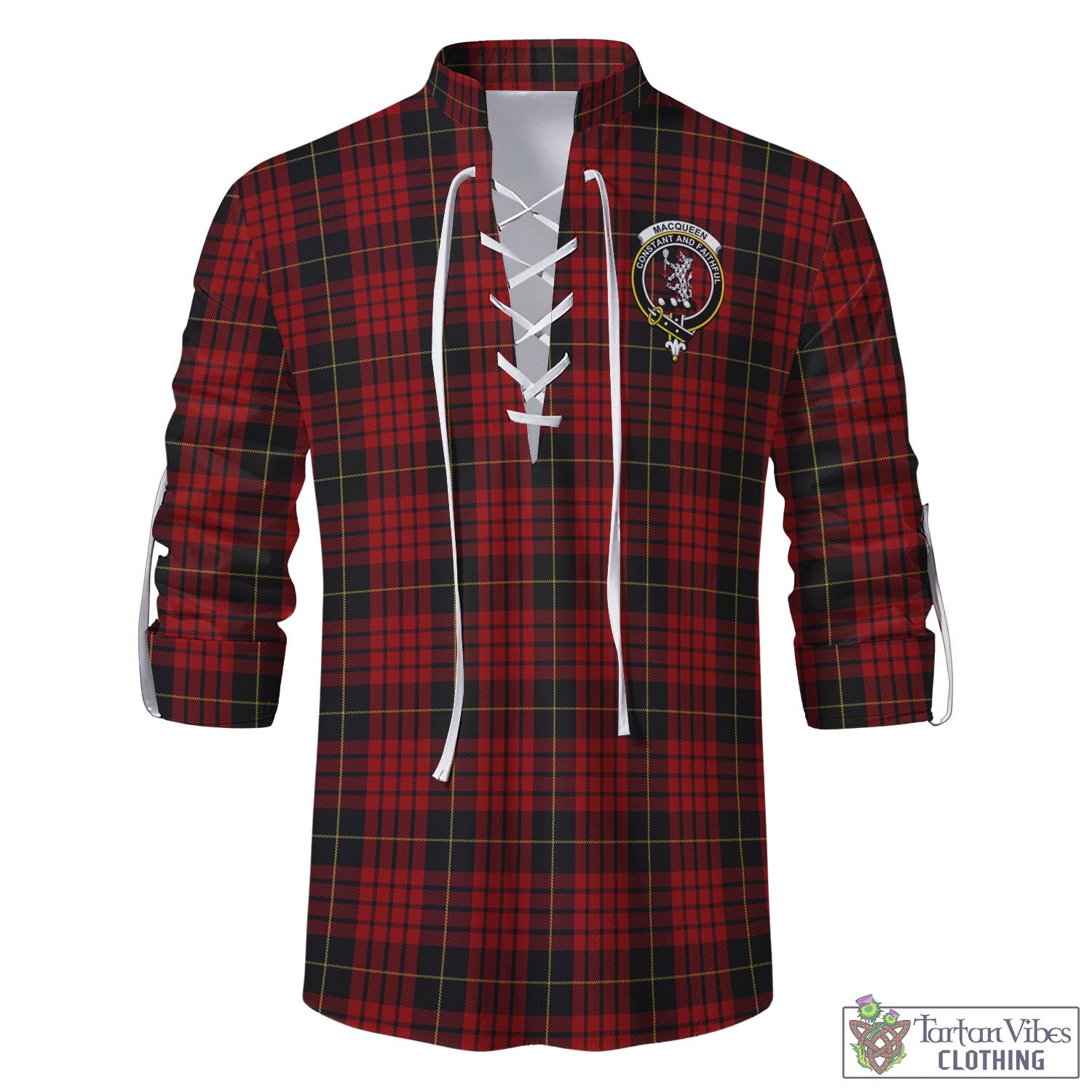 Tartan Vibes Clothing MacQueen Tartan Men's Scottish Traditional Jacobite Ghillie Kilt Shirt with Family Crest