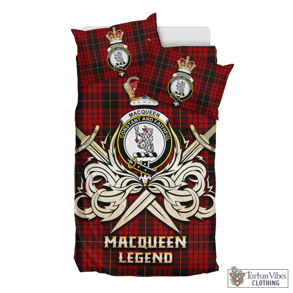 Tartan Vibes Clothing MacQueen Tartan Bedding Set with Clan Crest and the Golden Sword of Courageous Legacy