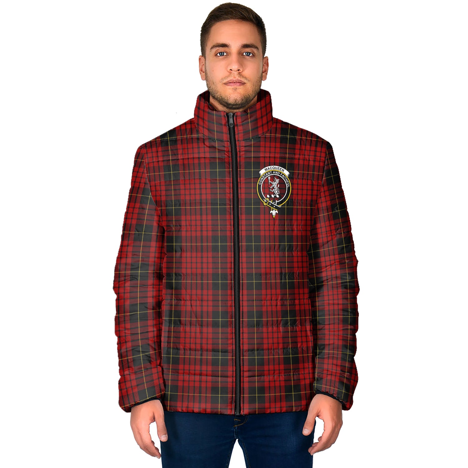 MacQueen (McQueen) Tartan Padded Jacket with Family Crest - Tartan Vibes Clothing