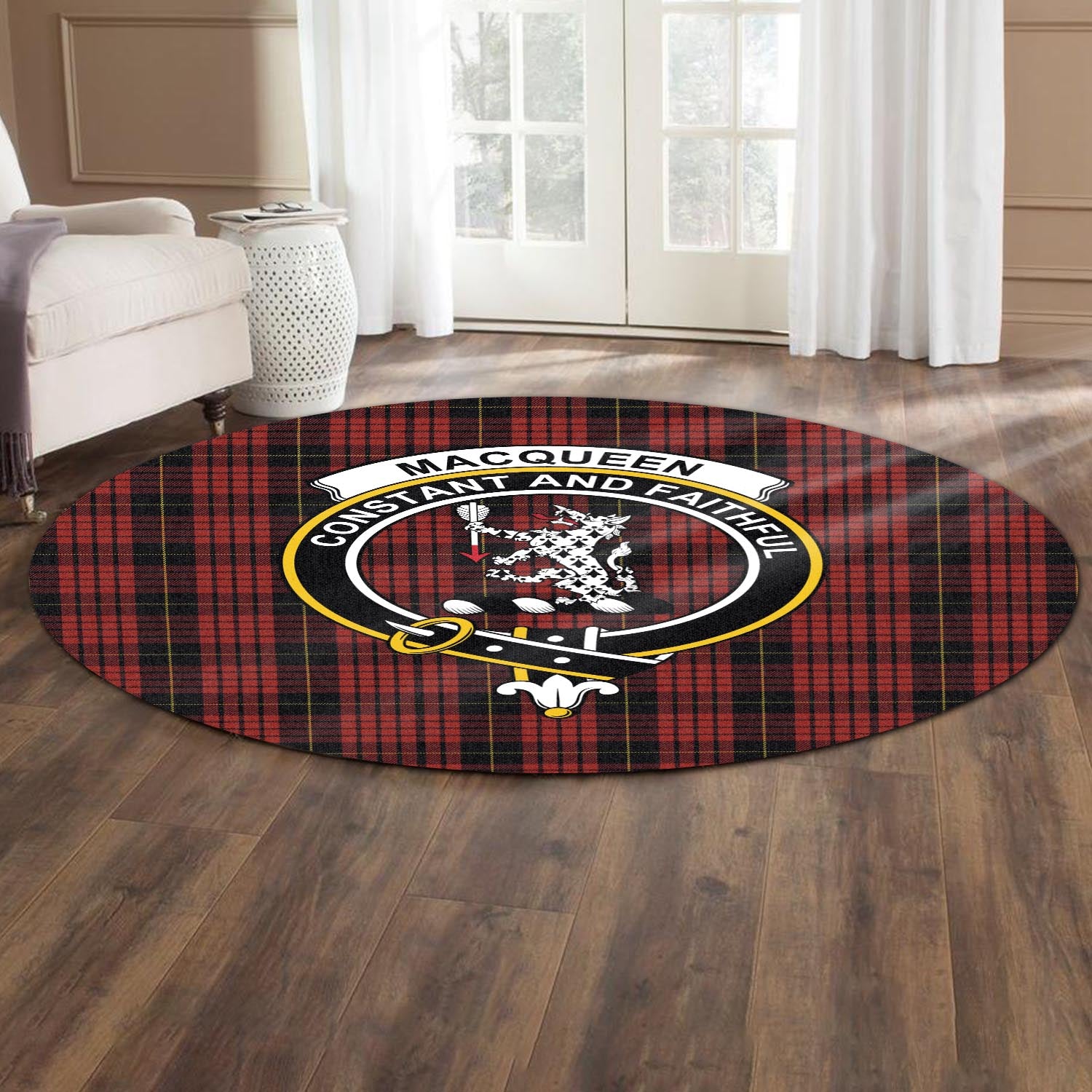 macqueen-tartan-round-rug-with-family-crest