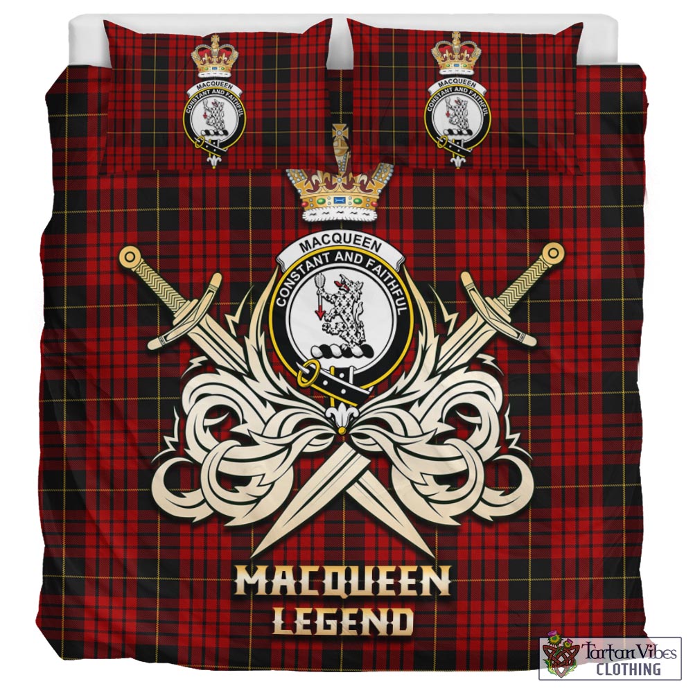 Tartan Vibes Clothing MacQueen Tartan Bedding Set with Clan Crest and the Golden Sword of Courageous Legacy