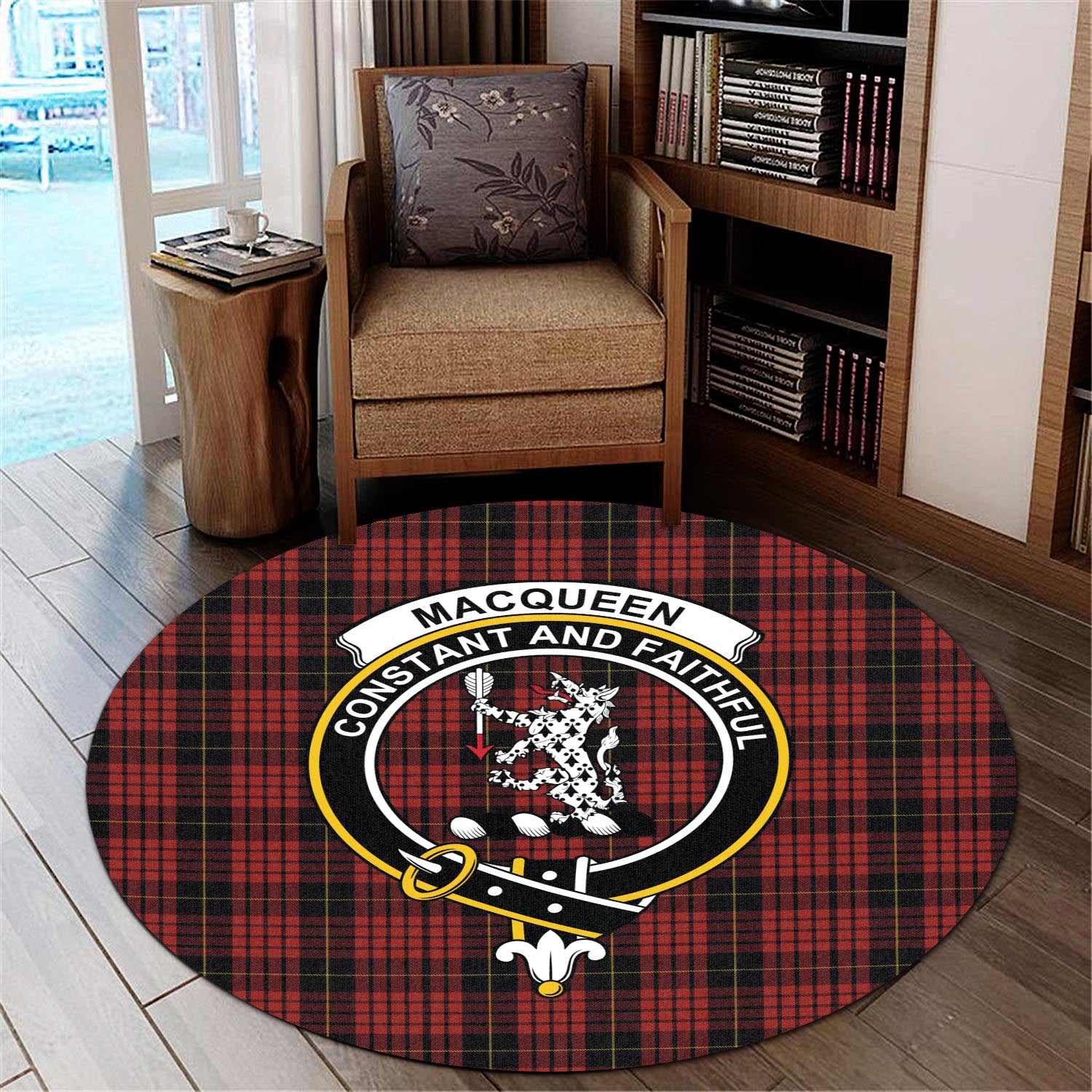 macqueen-tartan-round-rug-with-family-crest