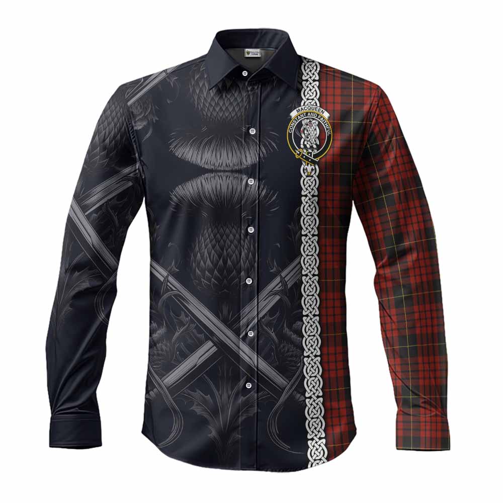 Tartan Vibes Clothing MacQueen (McQueen) Tartan Long Sleeve Button Shirt with Family Crest Cross Sword Thistle Celtic Vibes