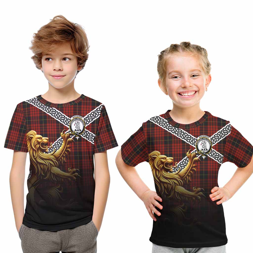 Tartan Vibes Clothing MacQueen (McQueen) Crest Tartan Kid T-Shirt with Golden Lion Emblem Celtic Style