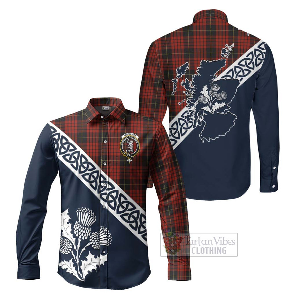 Tartan Vibes Clothing MacQueen (McQueen) Tartan Long Sleeve Button Shirt Featuring Thistle and Scotland Map